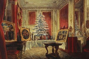 Peinture de Guillaume Corden qui montre l’arbre de Noël de la jeune Reine Victoria au Château Windsor, en 1850. Conservé au Royal National Trust.