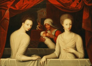 Anonyme (Ecole de Fontainebleau), Portrait présumé de Gabrielle d’Estrées et la duchesse de Villars au bain, fin du XVIème siècle, huile sur toile, 63.5 x 84 cm, Montpellier, Musée Languedocien, Collection de la société Archéologique de Montpellier.