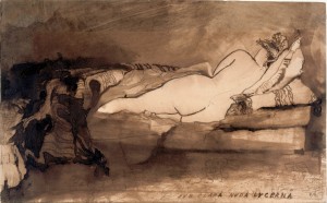 Hugo Victor, « Sub clara nuda lucerna », plume et lavis d’encre brune sur crayon de graphite, papier vélin, 19.6 x 31.6 cm. Maison de Victor Hugo, © Maison de Victor Hugo / Roger Viollet. 