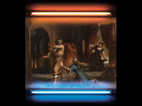 Eugène Delacroix et atelier, La chromatique des sentiments littéraires, Othello et Desdémone, huile sur toile et néon, 70 x 83 cm, © EHV.