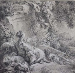 Bergère assise près d’un arbre avec son troupeau de moutons et un chien, vers 1770, pierre noire et rehauts de blanc sur papier beige, Vienne, Albertina © Albertina Museum, Vienne