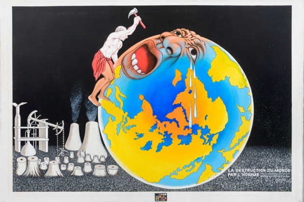 Chéri Samba (né en 1956), La Destruction du monde par l’homme, 2015, acrylique et paillettes sur toile. Paris, courtesy de la galerie MAGNIN-A © Kleinefenn / Courtesy Galerie MAGNIN-A, Paris © Chéri Samba.