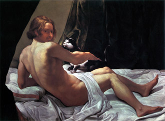 Giovanni Lanfranco, Jeune homme nu sur un lit avec un chat, 1620-1622, huile sur toile, 60 x 113 cm © Londres, Walpole Gallery. Petit Palais, Musée des Beaux-Arts de la Ville de Paris.