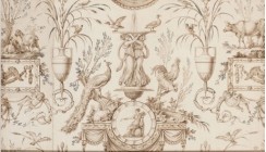 Fontaine et animaux (modèle de toile de Jouy), vers 1803-1806, plume et encre brune, lavis brun et gris, rehauts de gouache sur papier, Paris, musée des Arts décoratifs, département des Arts graphiques © Les Arts décoratifs, Paris / Jean Tholance.