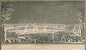 MOREAU Jean Michel, La grande illumination de Versailles, exécutée pour le mariage de Louis XVI, Illumination du parc de Versailles et du Grand Canal à l'occasion du mariage du Dauphin futur Louis XVI avec l'archiduchesse Marie-Antoinette, le 19 mai 1770, Période création/exécution 3e quart 18e siècle, Lieu de conservation Versailles, musée national des châteaux de Versailles et de Trianon