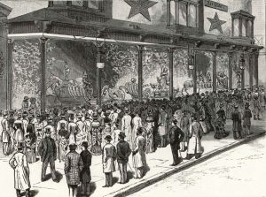 Eyeing a Christmas toy display in New York, circa 1910. Above: An early rendering of an animated display at R.H. Macy’s in New York City, circa 1884