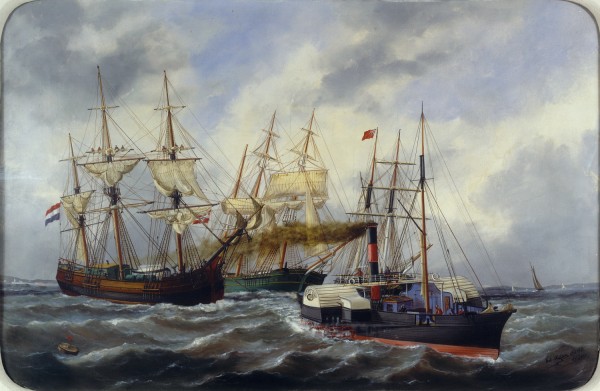 Edouard-Marie Adam, Navires entrant au Havre derrière un remorqueur, 1882, peinture à l’huile, 57 x 85 cm. © Musée national de la Marine / P.Dantec.